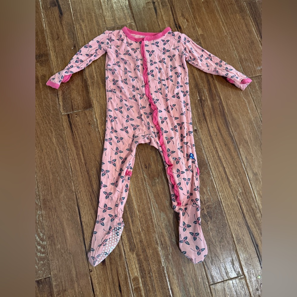 kickee pants 6-12 Months Bamboo Pink Footed Sleeper Leaves Berry